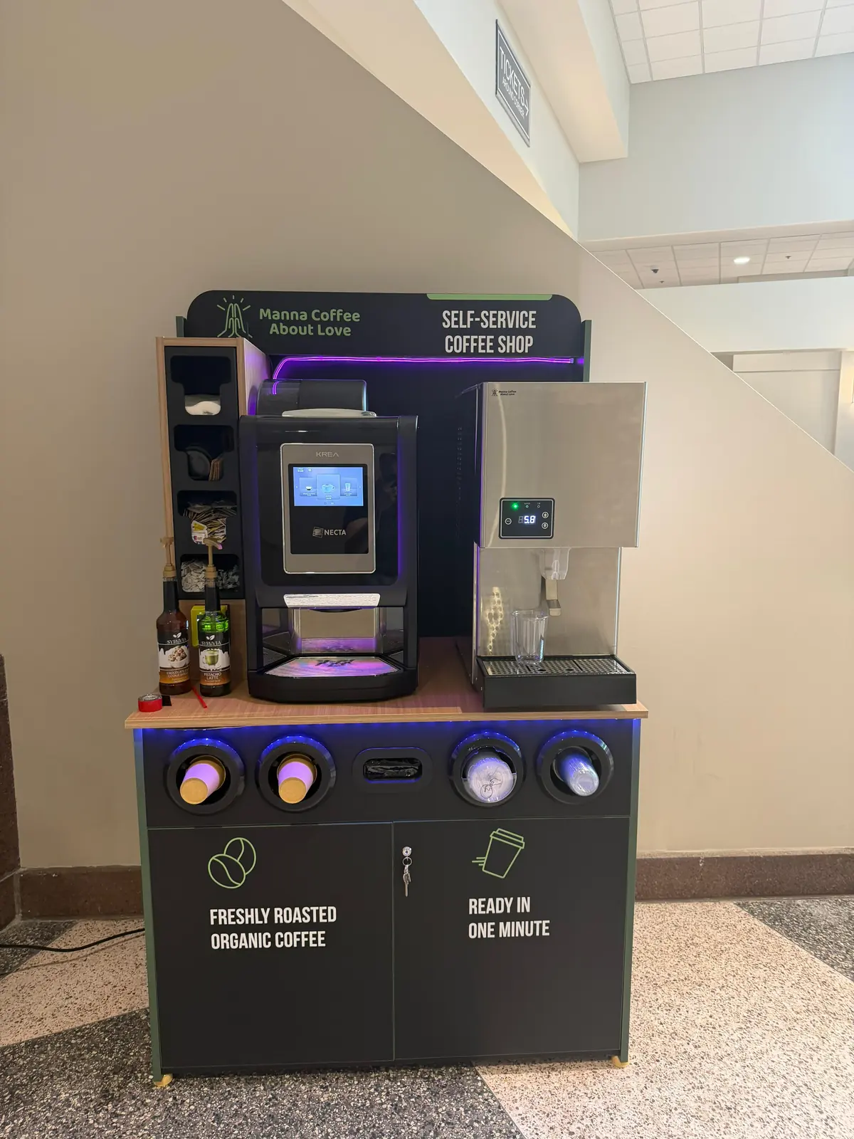 A Manna coffee kiosk in a corporate office lobby